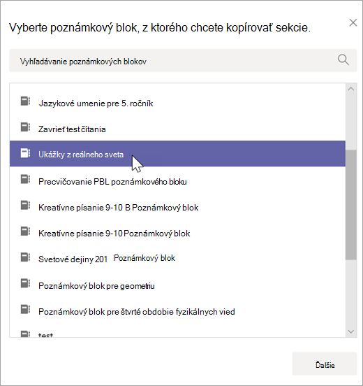 Vyberte poznámkový blok, z ktorý chcete kopírovať sekcie.