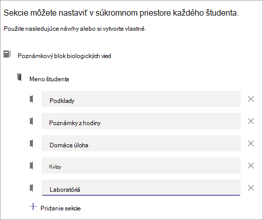 Nastavte sekcie v každom súkromnom priestore študentov.