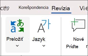 Snímka obrazovky v Microsoft Worde s výberom položky Revízia a potom Preložiť