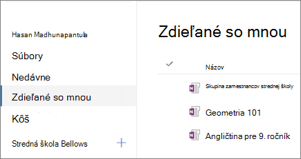 Snímka obrazovky s názvami poznámkových blokov.