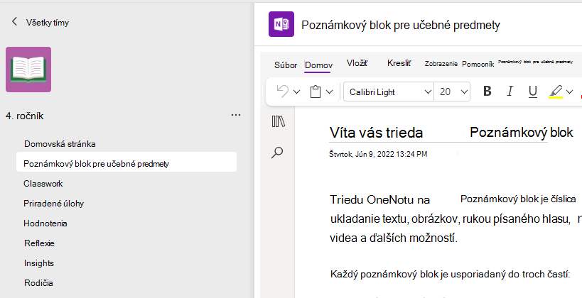 Snímka obrazovky nastavenia poznámkového bloku pre učebné predmety.