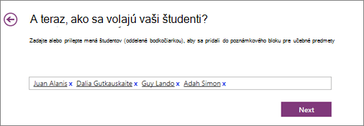 Pridajte mená študentov v onenotovom poznámkovom bloku pre učebné predmety.
