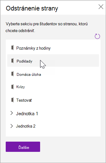 Vyberte sekciu pre študentov so stranou, ktorú chcete odstrániť.