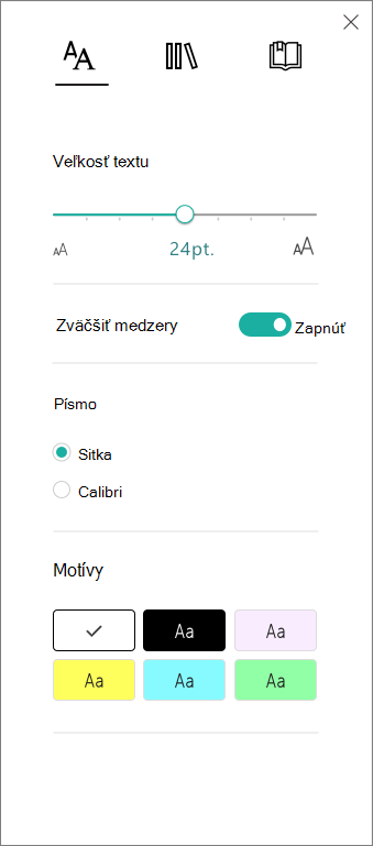 Ponuka Možnosti textu v Imerzná čítačka