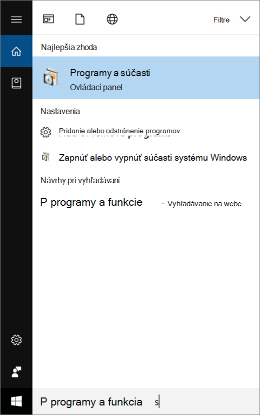 Otvorenie ponuky Štart a zadanie Program a súčasti