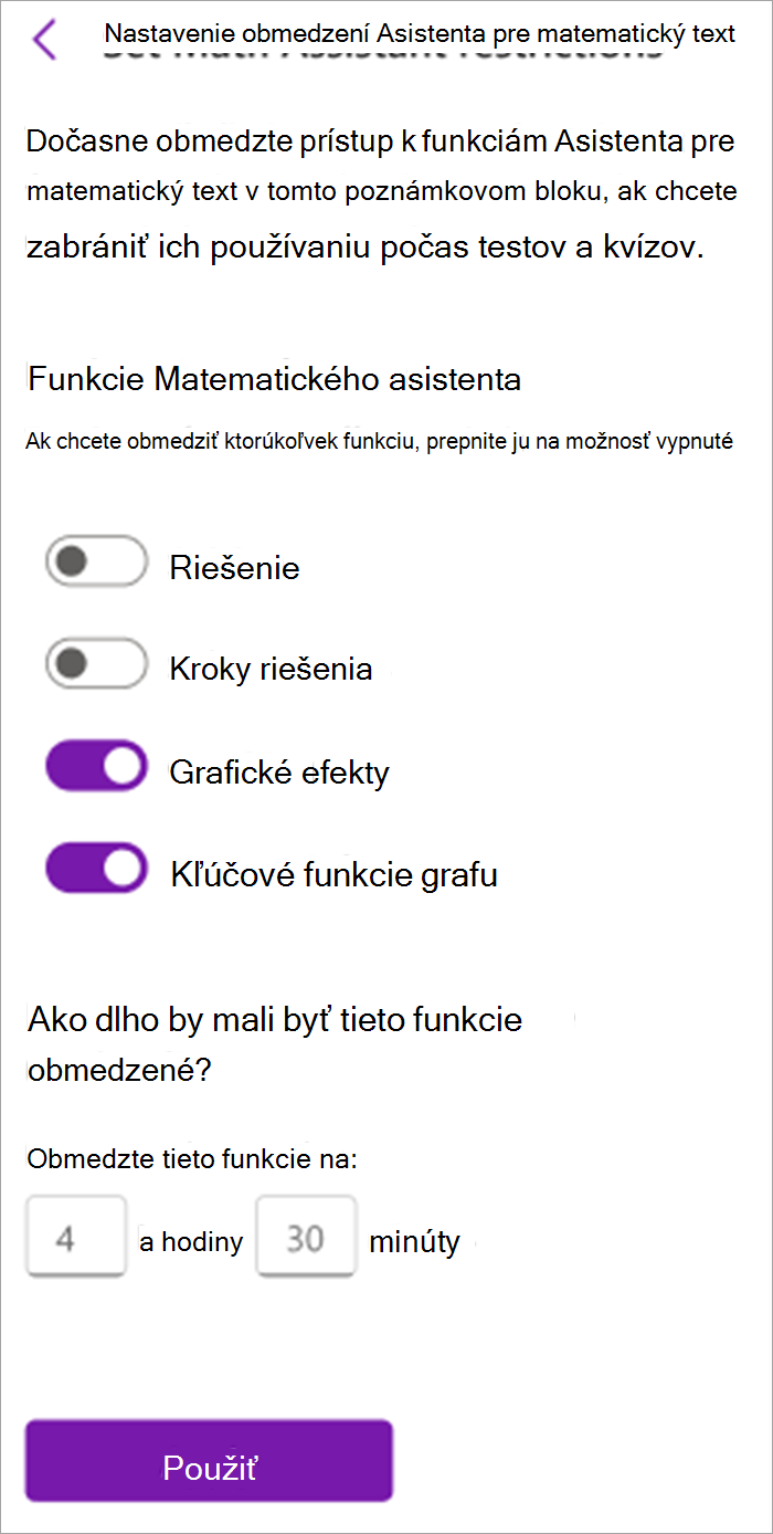 Snímka obrazovky s panelom Asistent pre matematický text pre učiteľov v poznámkovom bloku pre učebné predmety. Tu môžete zapnúť alebo vypnúť nástroje v Asistentovi pre matematický text vrátane Riešenie, Kroky riešenia, Graf a Kľúčové funkcie grafu.