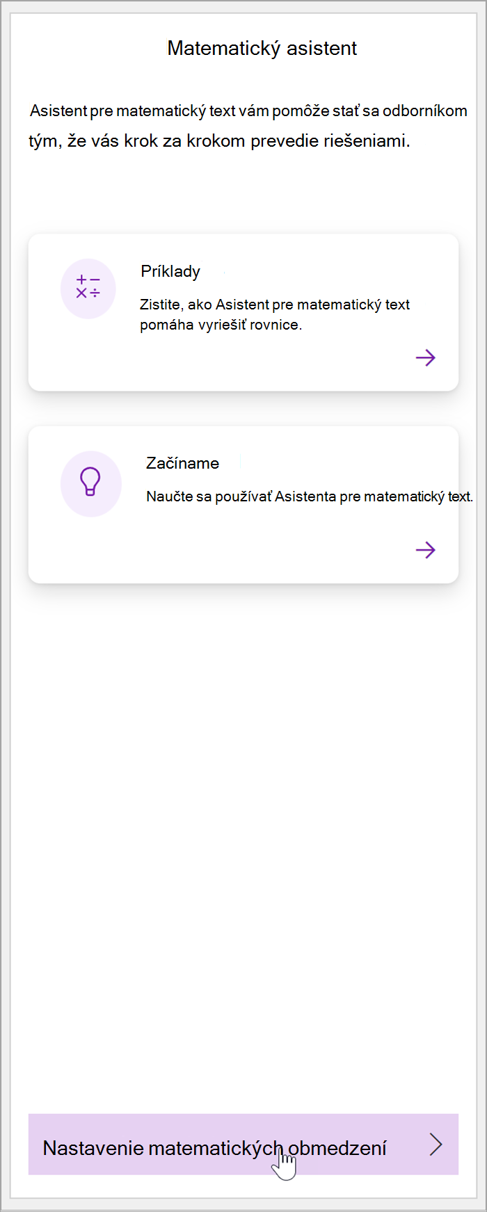 Snímka obrazovky s tablou s matematickými funkciami vo OneNote. Kurzor sa nachádza nad tlačidlom Nastaviť matematické obmedzenia