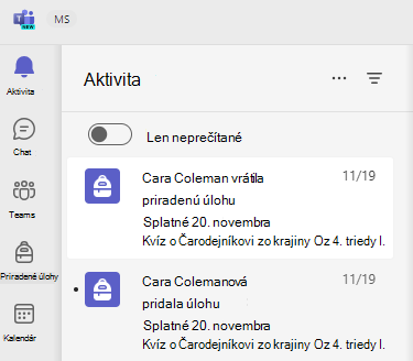 Snímka obrazovky s aktivitou.
