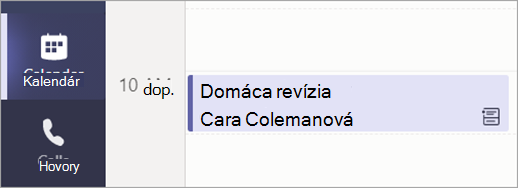 Snímka obrazovky zobrazujúca zobrazenie Kalendár a naplánovaná schôdza na posúdenie domácich úloh.