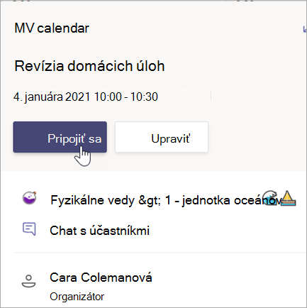 Snímka obrazovky zobrazujúca kartu schôdze revízie domácich úloh s tlačidlom Pripojiť sa.