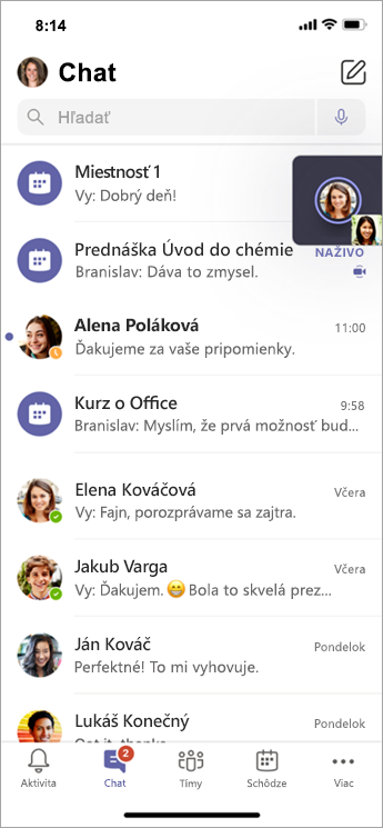 Chat v súkromnej miestnosti v mobilnom zariadení.