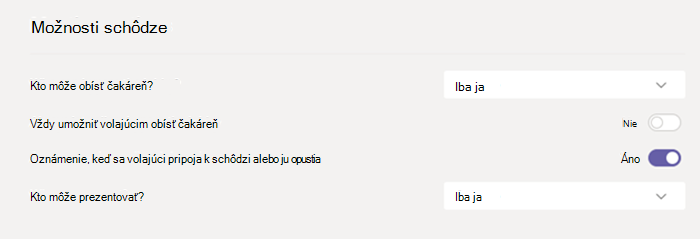 Možnosti schôdzí v Teams.