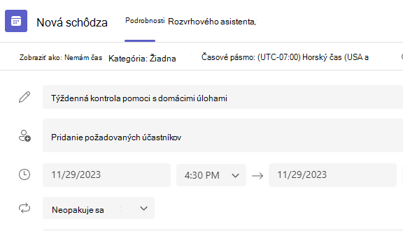 Snímka obrazovky s novou schôdzou.