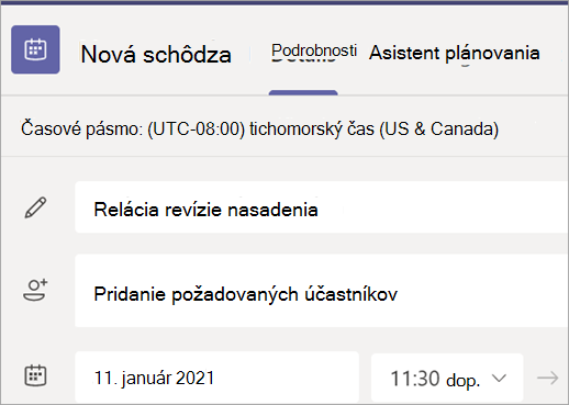 Snímka obrazovky zobrazujúca formulár novej schôdze v Teams s poľami názov, účastníci, dátum a čas.