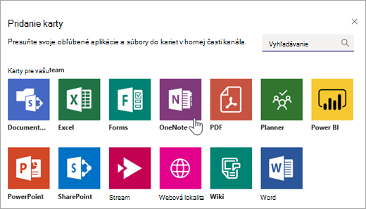 Pridanie OneNotu ako karty v rámci tímu.