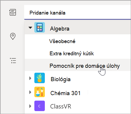 Snímka obrazovky zobrazujúca výber tímového kanála pre vašu triedu.