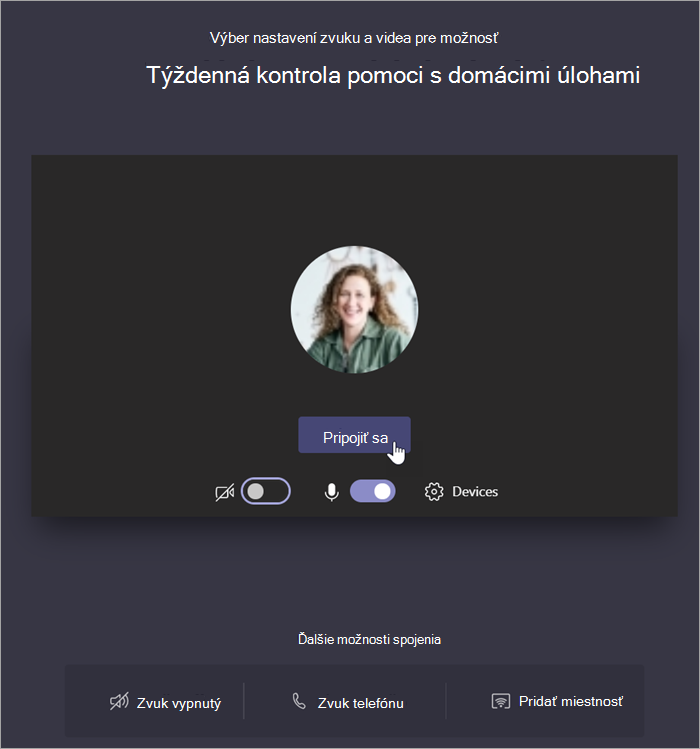Snímka obrazovky zobrazujúca výber možnosti Pripojiť sa teraz, ak sa chcete pripojiť k schôdzi.