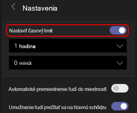 Obrázok znázorňujúci nastavenie časového limitu pre súkromné miestnosti.