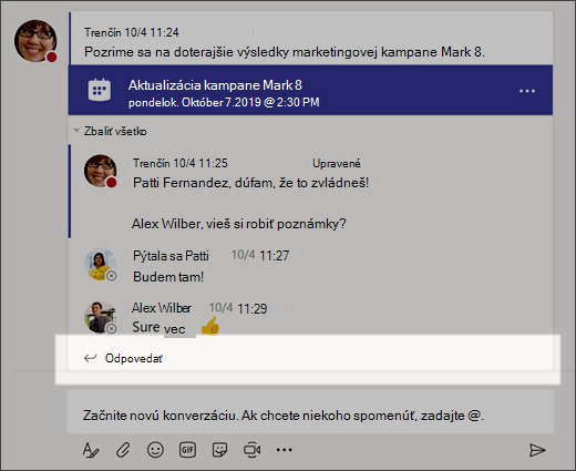 Snímka obrazovky zobrazujúca možnosť Odpovedať na konverzáciu.