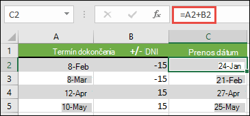 Pripočítanie alebo odpočítanie dní od dátumu pomocou vzorca =A2+B2, kde A2 je dátum a B2 je počet dní, ktoré sa majú pripočítať alebo odpočítať.