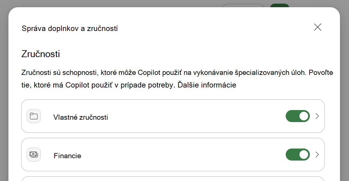 Snímka obrazovky dialógového okna Copilota v Exceli Správa doplnkov & zručností.
