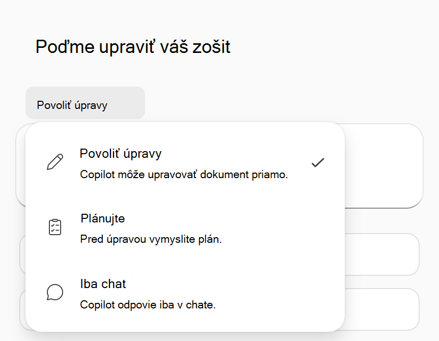 Snímka obrazovky s ponukou možností režimu Copilot v Exceli.