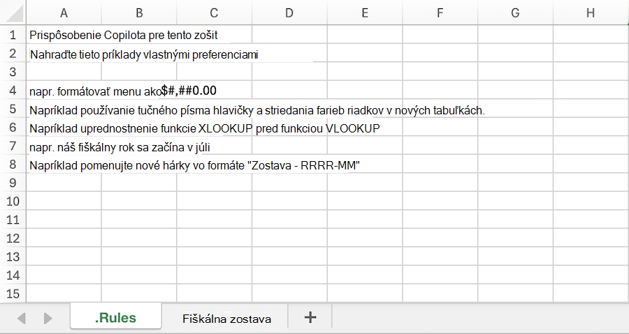 Snímka obrazovky zošita Copilota v Exceli so vzorom. Hárok s pravidlami.