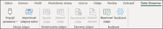 Snímka obrazovky zobrazujúca doplnok Data Streamer v ponuke pása s nástrojmi v Exceli.