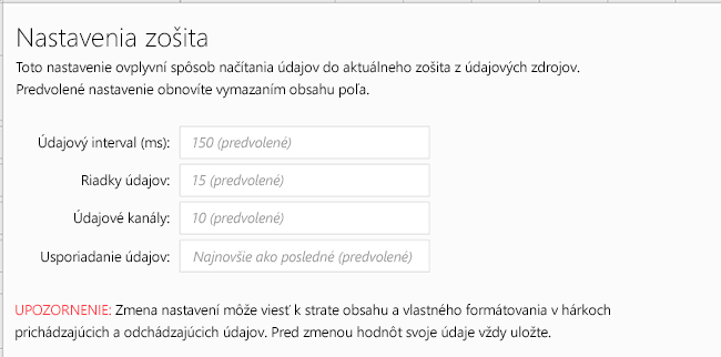 Zobrazenie karty Nastavenia zošita pre Data Streamer