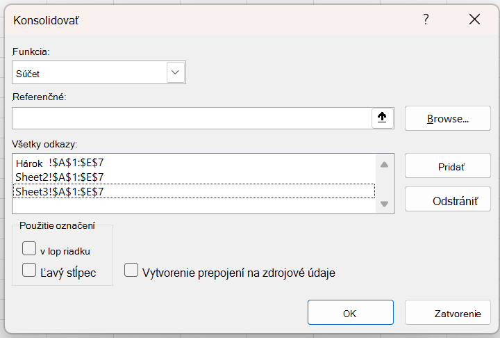 Dialógové okno Zlúčiť s viacerými odkazmi, ktoré sa majú zlúčiť pomocou funkcie SUM.