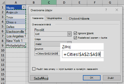 Možnosti zoznamu overenia údajov
