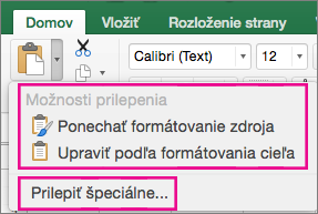 Ponuka Prilepiť zobrazujúca možnosti a funkciu Prilepiť špeciálne
