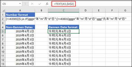 Obrázok použitia formátu Gannen s funkciou TEXT: =TEXT(A1;$B$2), kde B2 obsahuje reťazec formátu Gannen.