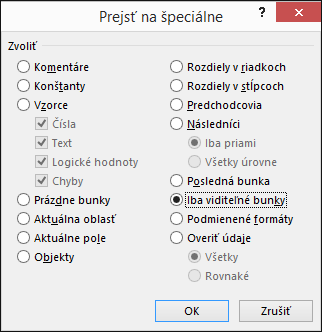 Dialógové okno Prejsť na špeciálne