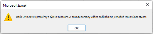 Dialógové okno s oznámením, že Excel zistil problém s týmto súborom a nedá sa otvoriť.