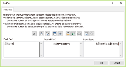 Dialógové okno nastavenia strany Vlastná hlavička