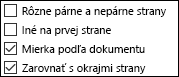 Možnosti hlavičiek a piat v dialógovom okne Nastavenie strany