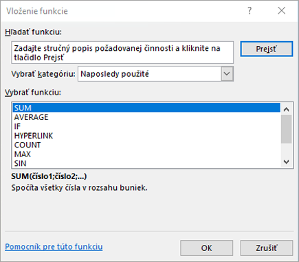 Dialógové okno Vloženie funkcie