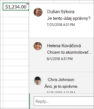 Bunka s hodnotou $1 234,00 a zreťazeným komentárom: Dave Ludwig: Je tento údaj správny? Amy Smith: Dovoľte mi skontrolovať... a tak ďalej
