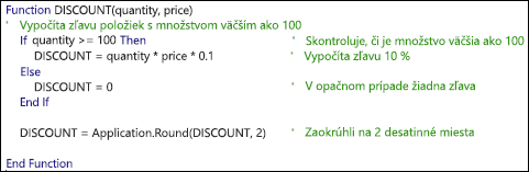 Príklad funkcie VBA s komentármi