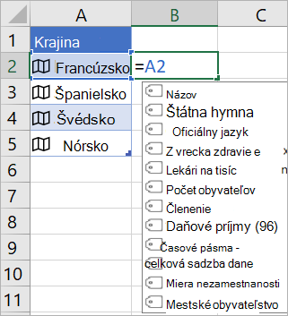Bunka A2 obsahuje Francúzsko; Bunka B2 obsahuje = A2. a zobrazí sa ponuka funkcie automatického dokončovania vzorca s poľami z prepojeného záznamu