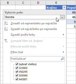 Ponuka Filtrovať, ponuka Zobraziť hodnotu, zobrazené polia z typu prepojených údajov