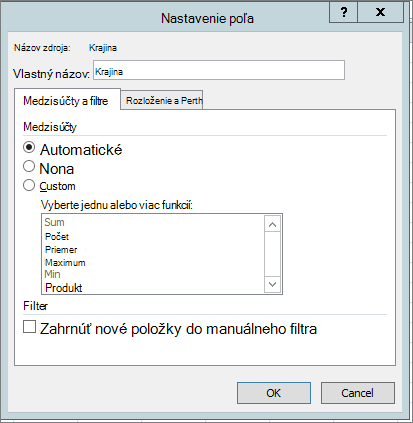 Karta Medzisúčty & Filtre v dialógovom okne Nastavenie poľa
