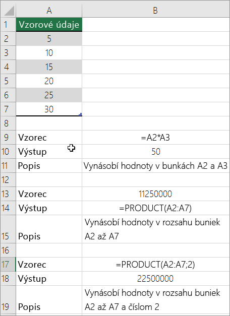 Násobenie čísel pomocou funkcie PRODUCT