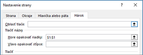 Karta Hárok v dialógovom okne Nastavenie strany