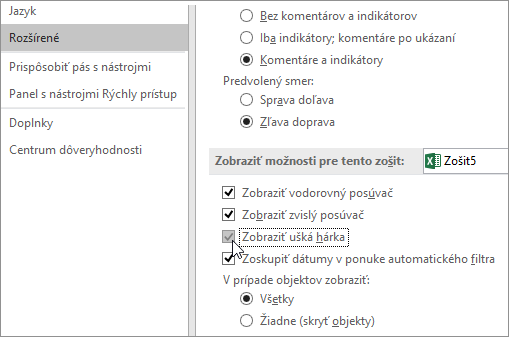 Zobrazenie kariet hárka v možnostiach Excelu