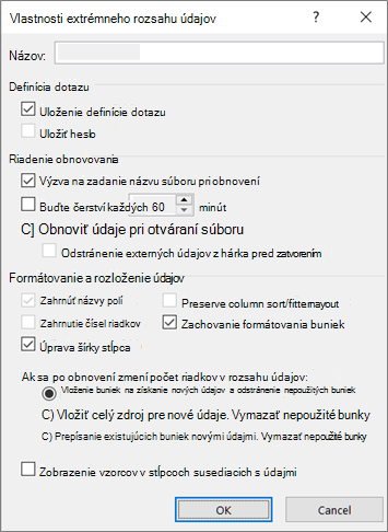 Príklad dialógového okna Externé údaje – vlastnosti rozsahu