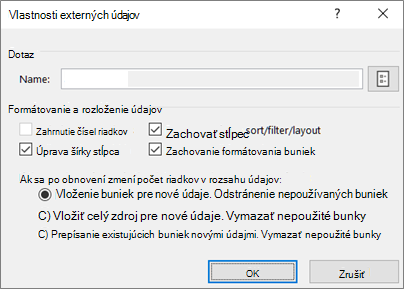 Príklad dialógového okna Externý rozsah – vlastnosti