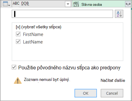 Kliknutie na položku Rozbaliť pre stĺpec štruktúrovaného záznamu