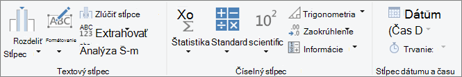 Snímka obrazovky so skupinami typov údajov na karte Pridať stĺpec na páse s nástrojmi.